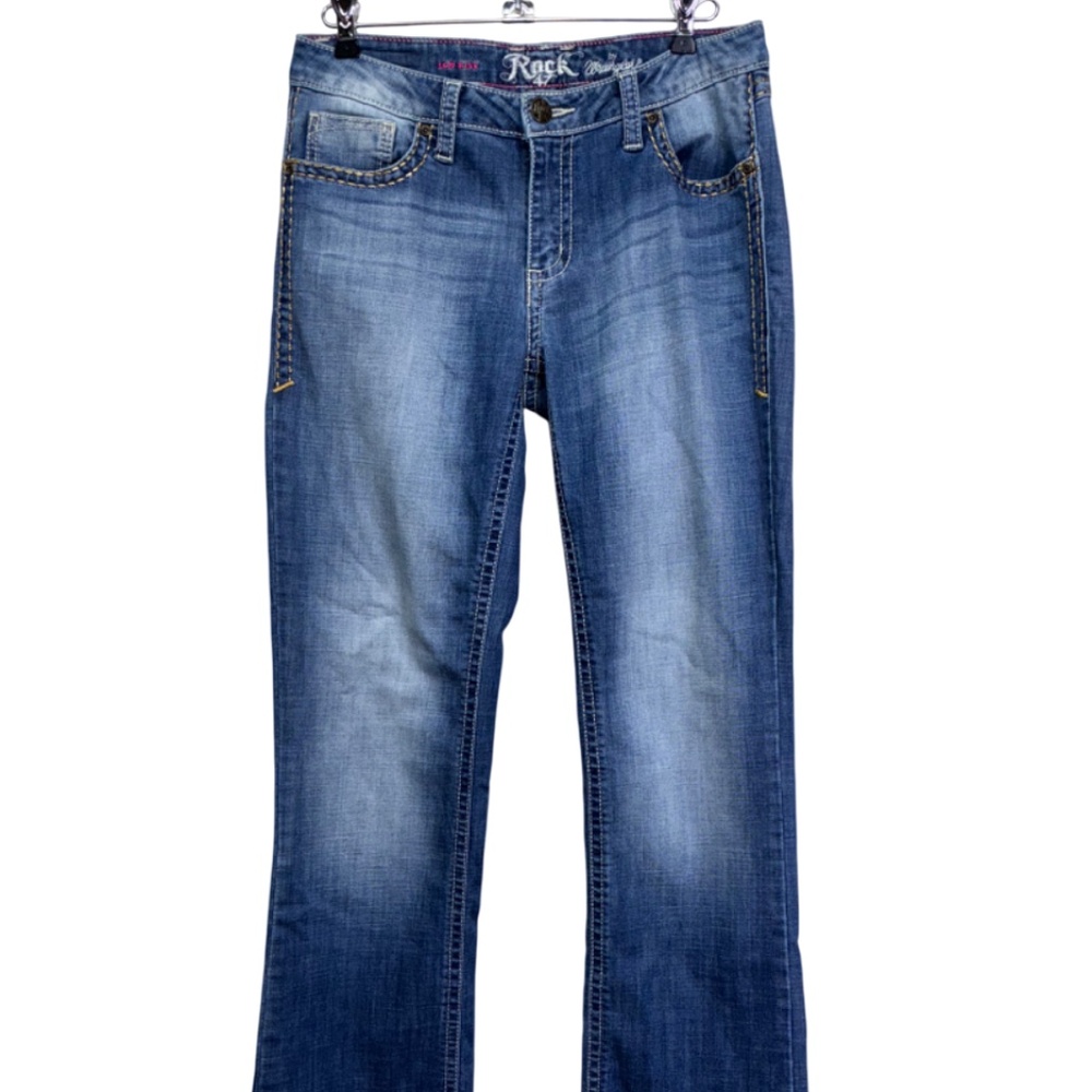 Wrangler Rock 47 Jeans Blue Low Rise Bootcut Denim Bling 29x34 fit 32x35 #e